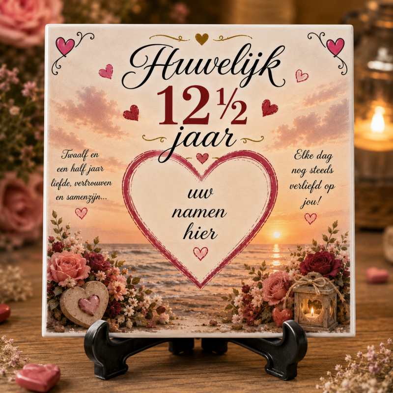 Huwelijk 12,5 Jaar Tegeltje – Gepersonaliseerd met Namen – Romantisch Jubileum Cadeau – 15 x 15 cm