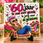 Tegeltje 60 Jaar – Te Oud voor Gezeik, Te Jong voor de Geraniums – Grappig Verjaardagscadeau