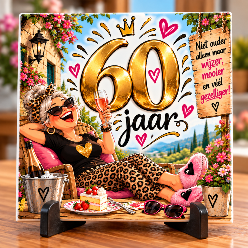 60 Jaar Tegeltje Vrouw – Grappig Verjaardagscadeau 60 Jaar – Niet Ouder Maar Wijzer, Mooier en Gezelliger – 15 x 15 cm
