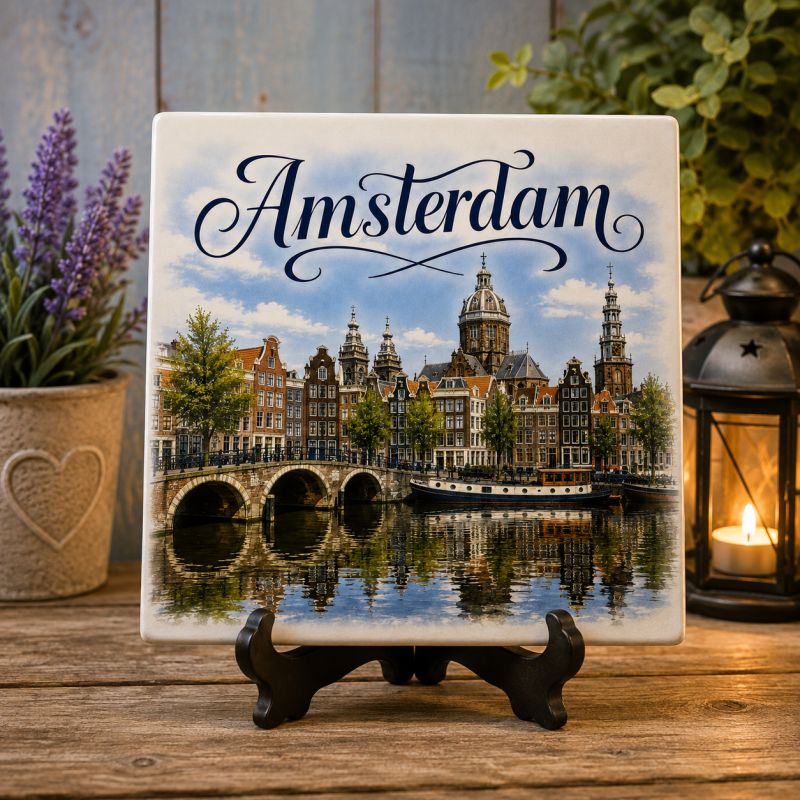Amsterdam Tegeltje 15x15 cm – Amsterdam Grachten – Holland Souvenir – Typisch Nederlands Cadeau – Decoratief Tegeltje