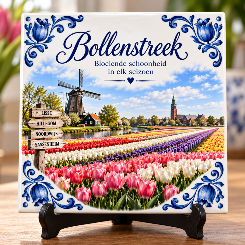 Bollenstreek Tegeltje 15x15 cm – Tulpen, Molen & Hollandse Sfeer – Souvenir Nederland – Decoratief Cadeau