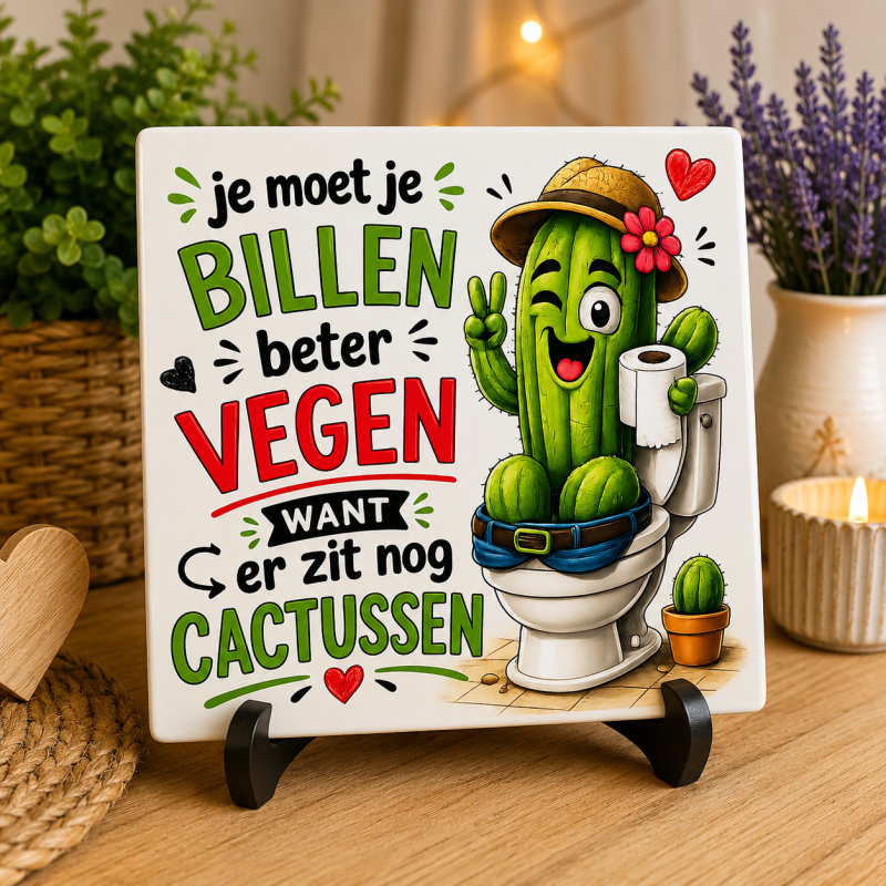 Grappig WC Tegeltje – "Je moet je billen beter vegen, want er zit nog cactussen" – Keramisch Cadeau voor Toilet, Badkamer of Housewarming