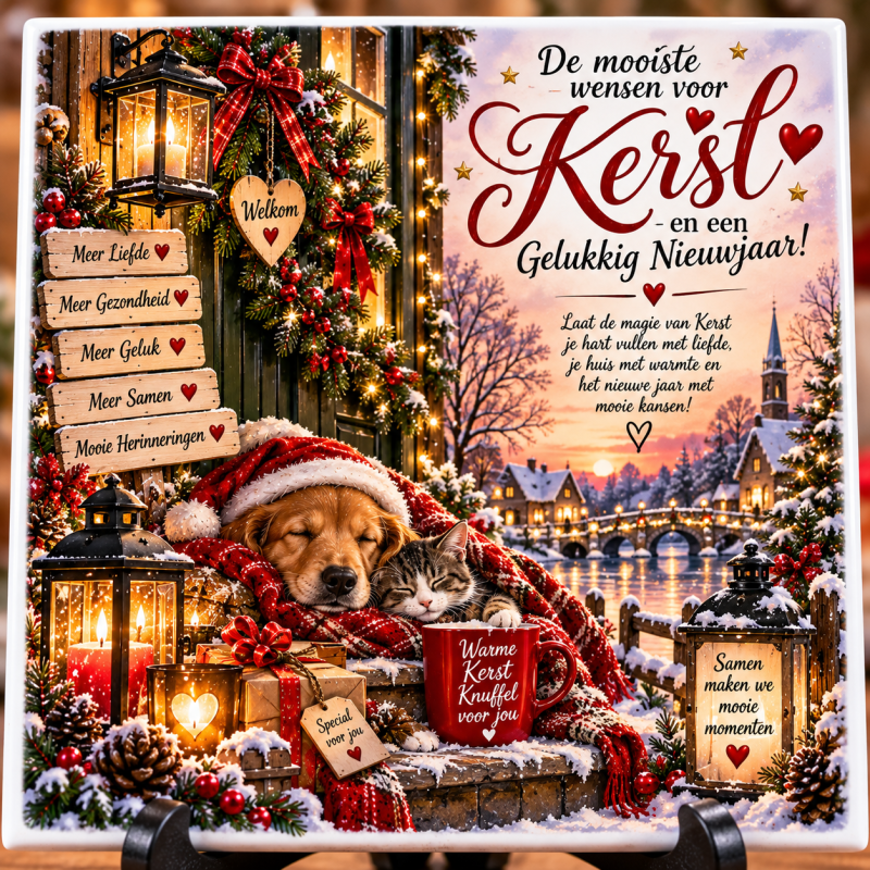 Kerst Tegeltje 15x15 cm – De Mooiste Wensen voor Kerst – Hond & Kat – Sfeervol Kerstcadeau