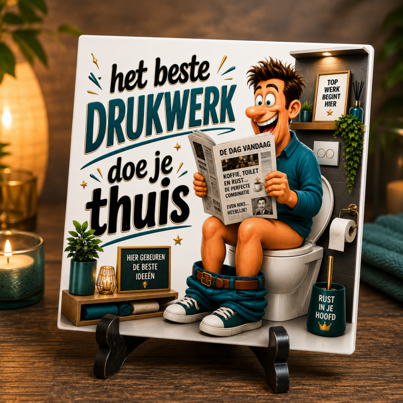 Tegeltje "Het Beste Drukwerk Doe Je Thuis" – Grappig Toilettegeltje met Humor | 15x15 cm