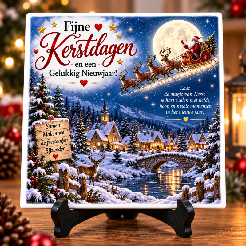 Kerst Tegeltje 15x15 cm – Fijne Kerstdagen & Gelukkig Nieuwjaar – Kerstdorp met Kerstman – Sfeervol Kerstcadeau