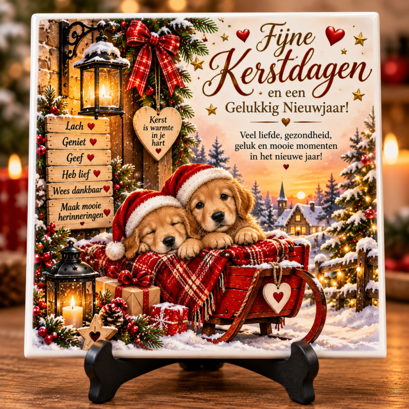 Kerst Tegeltje 15x15 cm – Fijne Kerstdagen & Gelukkig Nieuwjaar – Kerstcadeau met Honden – Sfeervolle Kerstdecoratie