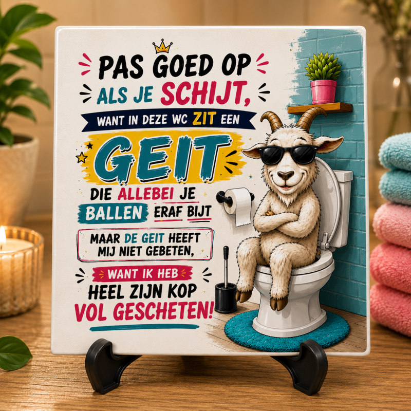 Grappig WC Tegeltje – "Pas goed op als je schijt" – Humor Cadeau voor Toilet, Verjaardag of Housewarming – Keramische Tegel 15 x 15 cm