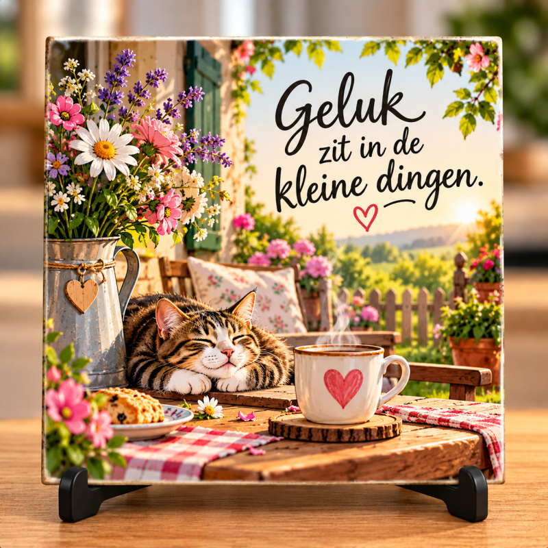 Tegeltje Geluk Zit in de Kleine Dingen – Kat & Koffie – Lief Cadeau met Spreuk – Woondecoratie – 15 x 15 cm