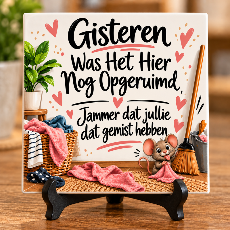Grappig Tegeltje – Gisteren Was Het Hier Nog Opgeruimd – Humor Woondecoratie – Cadeau voor Huis – 15 x 15 cm