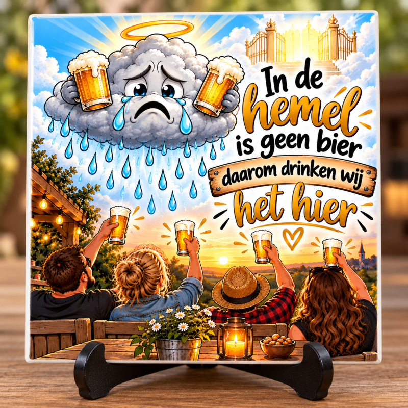 Grappig Bier Tegeltje – In de Hemel is Geen Bier 15x15 cm