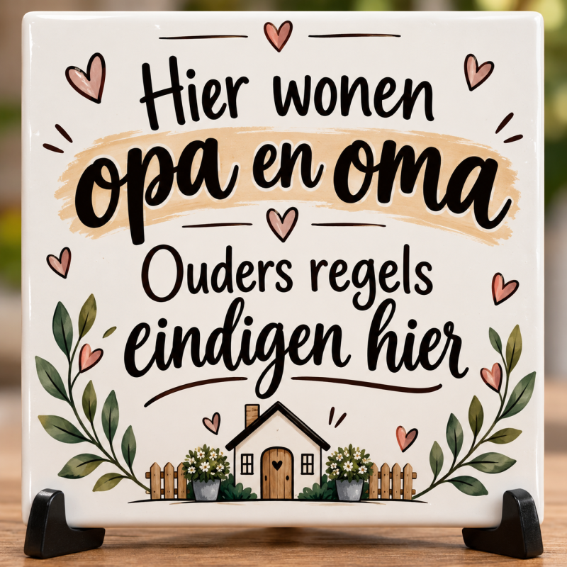 Tegeltje Hier Wonen Opa en Oma – Ouders Regels Eindigen Hier – Grappig Cadeau voor Grootouders – 15 x 15 cm