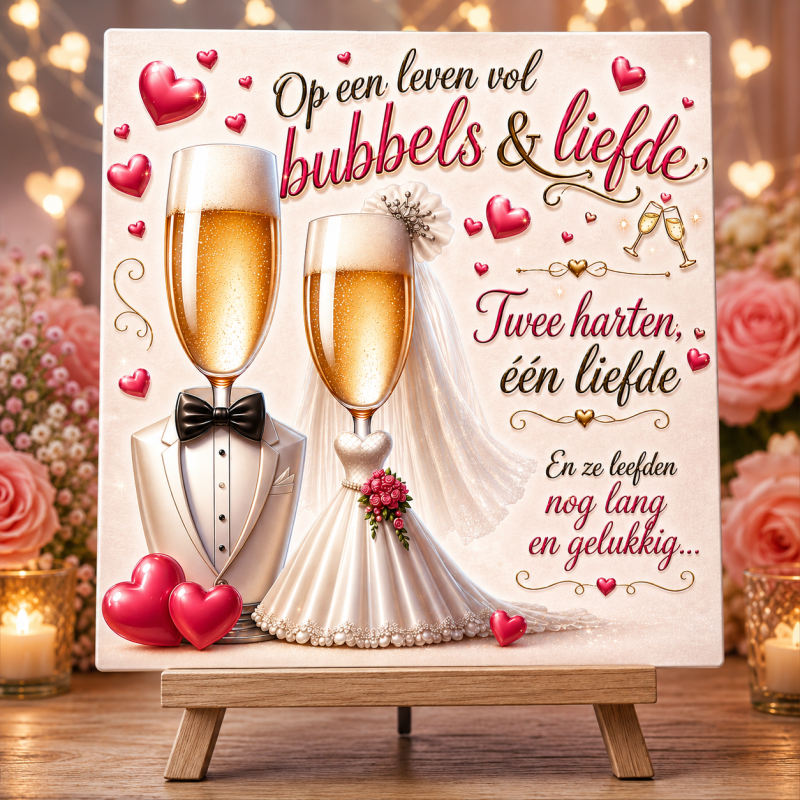 Tegeltje Huwelijk – Op een leven vol bubbels & liefde | Romantisch Cadeau voor Bruidspaar | 15x15 cm Keramische Tegel