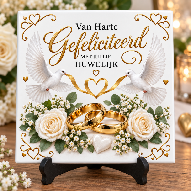 Huwelijk Tegeltje 15x15 cm – Van Harte Gefeliciteerd met Jullie Huwelijk – Trouwcadeau met Duiven en Trouwringen