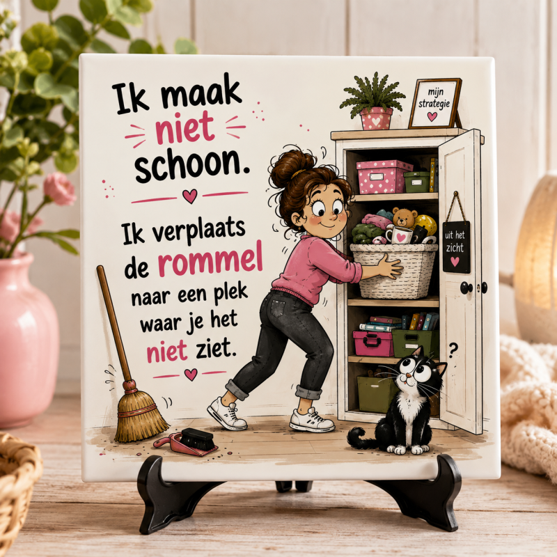 Grappig Tegeltje – Ik Maak Niet Schoon, Ik Verplaats De Rommel – Humor Spreuk – 15 x 15 cm – Cadeau