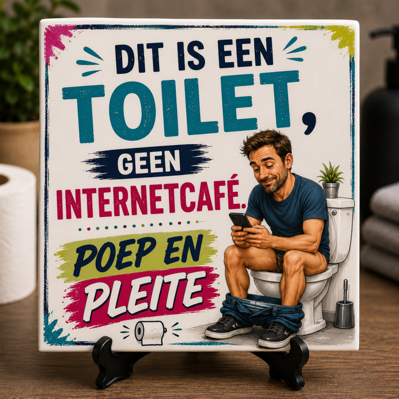 Grappig WC Tegeltje – "Dit is een toilet, geen internetcafé. Poep en pleite" – Keramische Decoratietegel 15 x 15 cm
