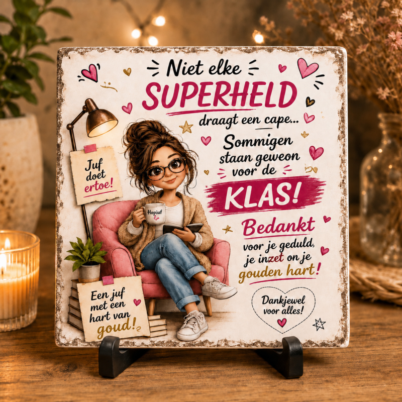 Bedankt Juf Tegeltje 15x15 cm | Niet Elke Superheld Draagt Een Cape | Origineel Afscheidscadeau voor de Juf