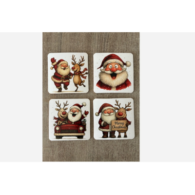 Kerst onderzetters setje van 4 stuks kurk kerstman met rendier
