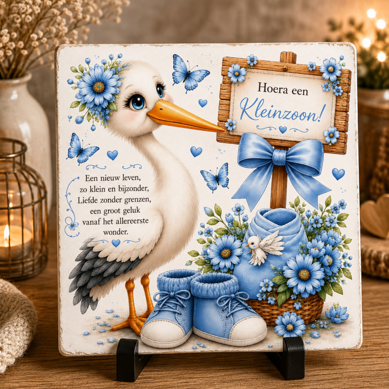 Geboortetegeltje Kleinzoon – Ooievaar met Babyschoentjes | Lief Cadeau voor Oma & Opa | Keramische Tegel 15x15 cm