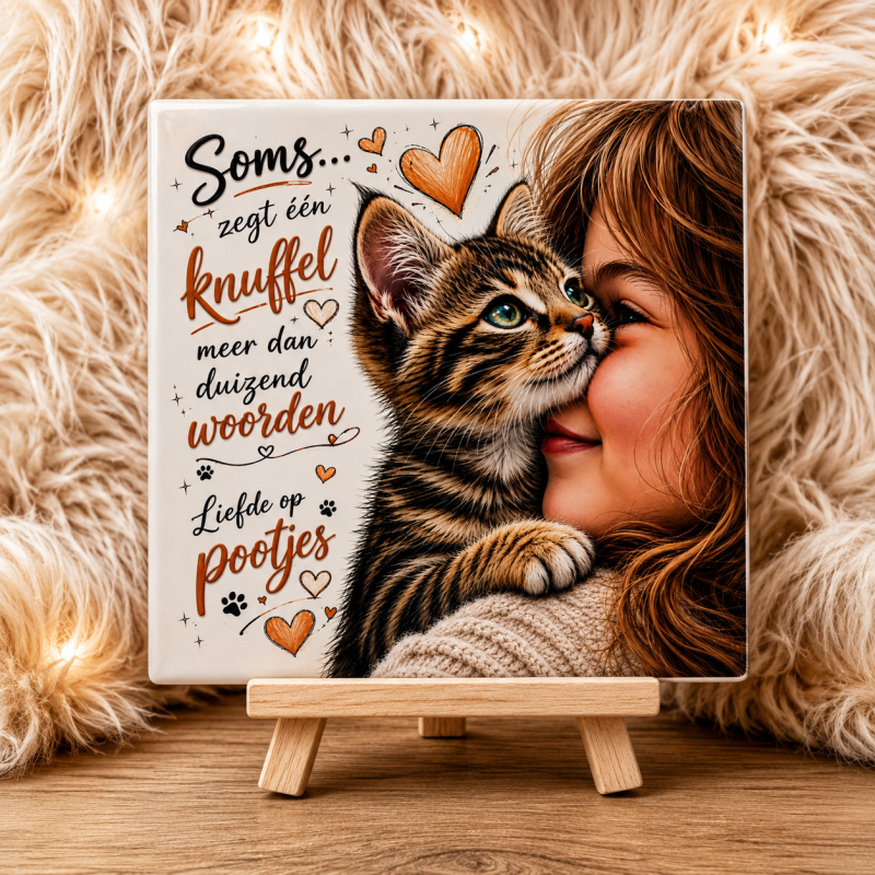 Tegeltje "Soms zegt één knuffel meer dan duizend woorden" – Liefde op Pootjes | Cadeau voor Kattenliefhebber | Keramisch Tegeltje 15 x 15 cm
