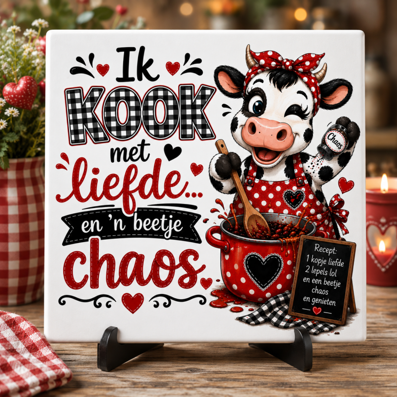 Decoratief Keukentegeltje 15x15 cm – Ik Kook met Liefde en ’n Beetje Chaos – Grappige Keukendecoratie – Cadeau voor Kookliefhebber