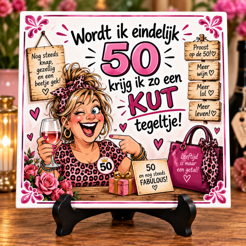 Grappig 50 Jaar Tegeltje voor Vrouw – Wordt Ik Eindelijk 50 Krijg Ik Zo’n Kut Tegeltje – Sarah Cadeau – Verjaardag 15x15 cm