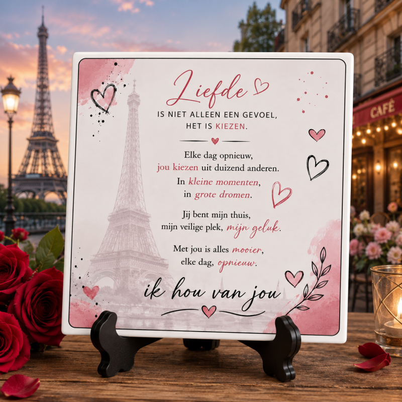 Liefdestegel – "Liefde is niet alleen een gevoel, het is kiezen" – Keramische Decoratietegel 15 x 15 cm – Romantisch Cadeau voor Valentijn, Verjaardag of Jubileum
