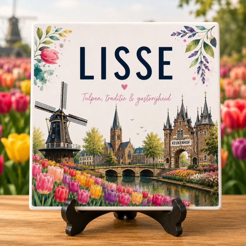 Lisse Tegeltje – Keramische Decoratietegel 15 x 15 cm – Tulpen, Keukenhof & Molen – Holland Souvenir