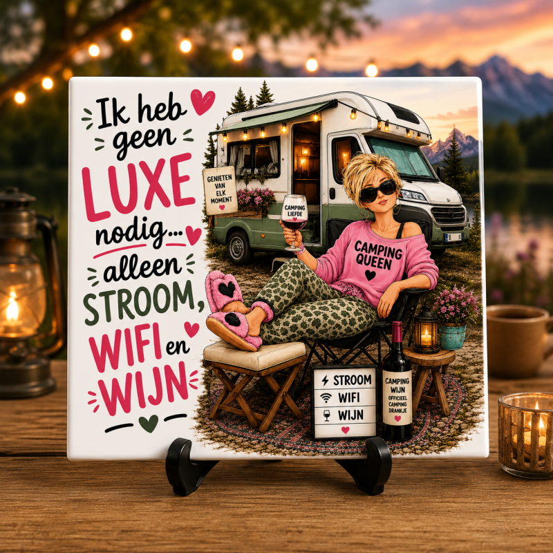 Camping Tegeltje – "Ik heb geen luxe nodig... alleen stroom, wifi en wijn" | Grappig Cadeau voor de Echte Campingliefhebber