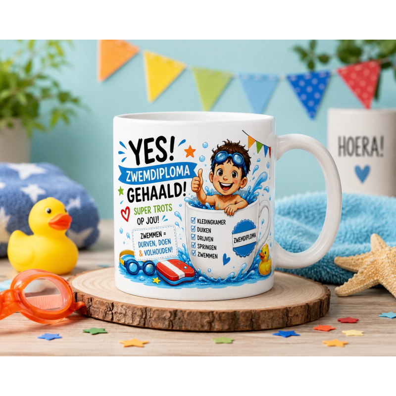 Mok Zwemdiploma Gehaald – Vrolijke Cadeaumok voor Zwemkampioen | Perfect Cadeau na het Zwemdiploma