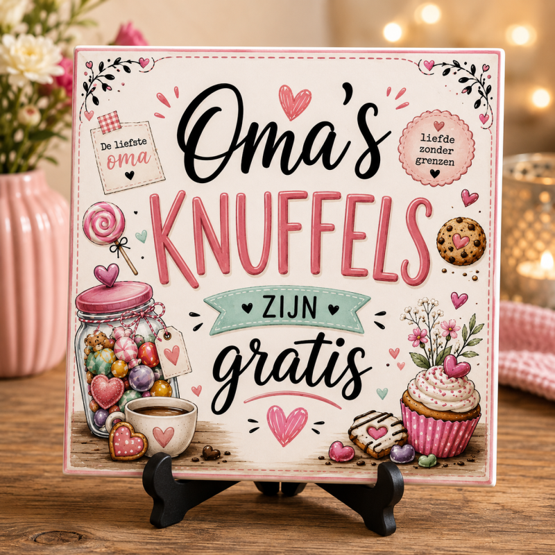 Decoratief Tegeltje 15 x 15 cm – Oma’s Knuffels Zijn Gratis – Cadeau voor Oma – Moederdag – Verjaardag