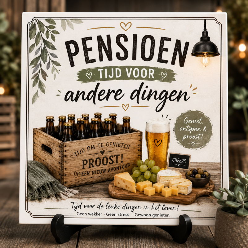 Pensioen Tegeltje – Tijd voor Andere Dingen – Grappig Afscheidscadeau Collega – Bier & Kaas – 15 x 15 cm