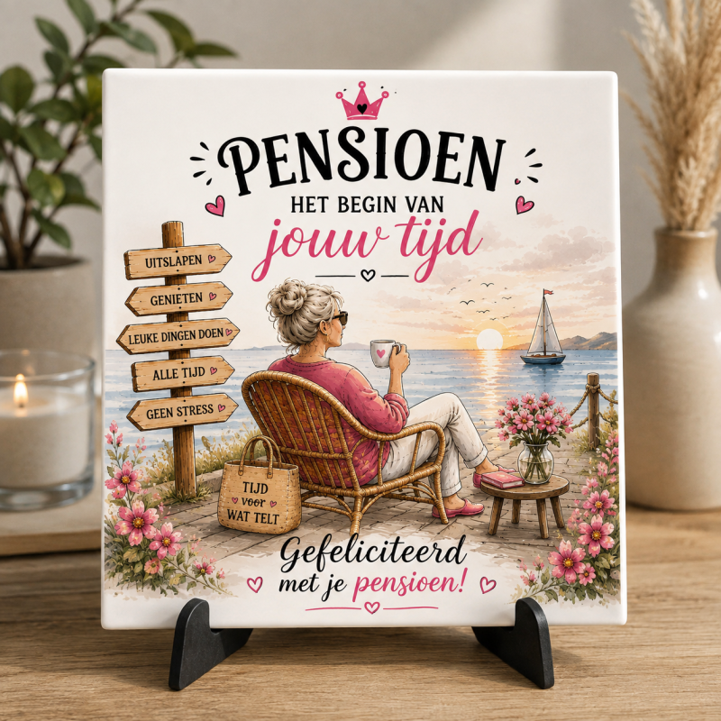 Pensioen Tegeltje Vrouw – Gefeliciteerd met je Pensioen – Cadeau Pensioen Collega – 15 x 15 cm
