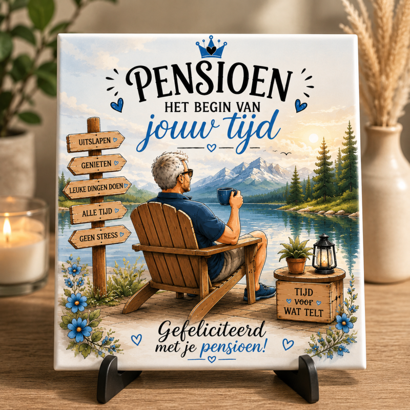 Pensioen Tegeltje Man – Gefeliciteerd met je Pensioen – Pensioen Cadeau Collega – Afscheidscadeau – 15 x 15 cm