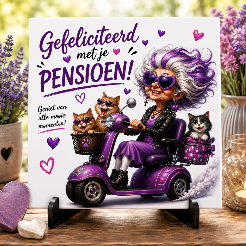 Gefeliciteerd met je pensioen! – Humoristisch Tegeltje 15 x 15 cm