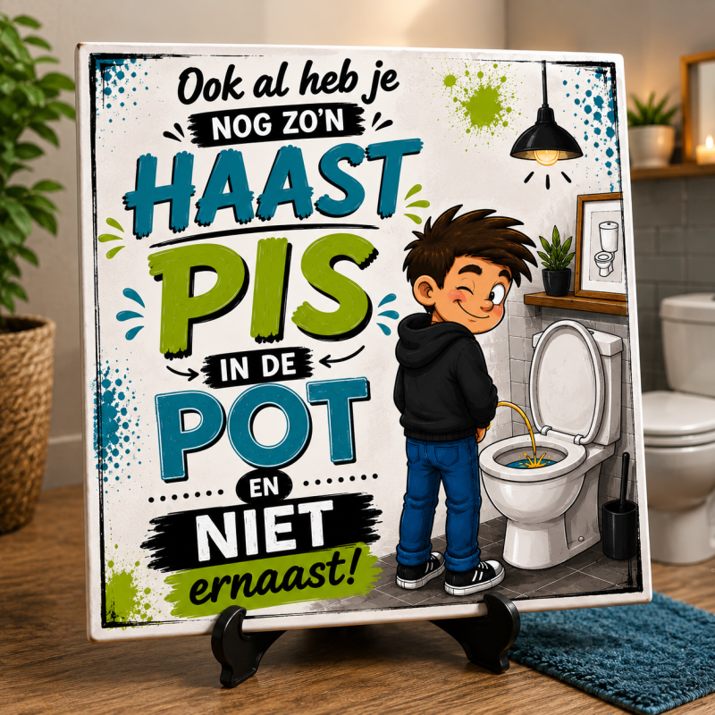Grappige WC-tegel – Ook al heb je nog zo'n haast, pis in de pot en niet ernaast!