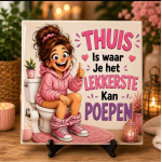 Grappig WC Tegeltje – "Thuis is waar je het lekkerste kan poepen" – Hilarisch Toilet Cadeau – Keramisch Tegeltje 15 x 15 cm