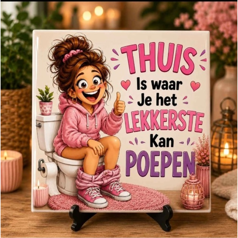 Grappig WC Tegeltje – "Thuis is waar je het lekkerste kan poepen" – Hilarisch Toilet Cadeau – Keramisch Tegeltje 15 x 15 cm