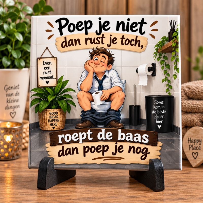 Grappig WC Tegeltje – Poep je niet dan rust je toch – Humor Toilet – Cadeau voor Collega, Man of Vriend – 15 x 15 cm