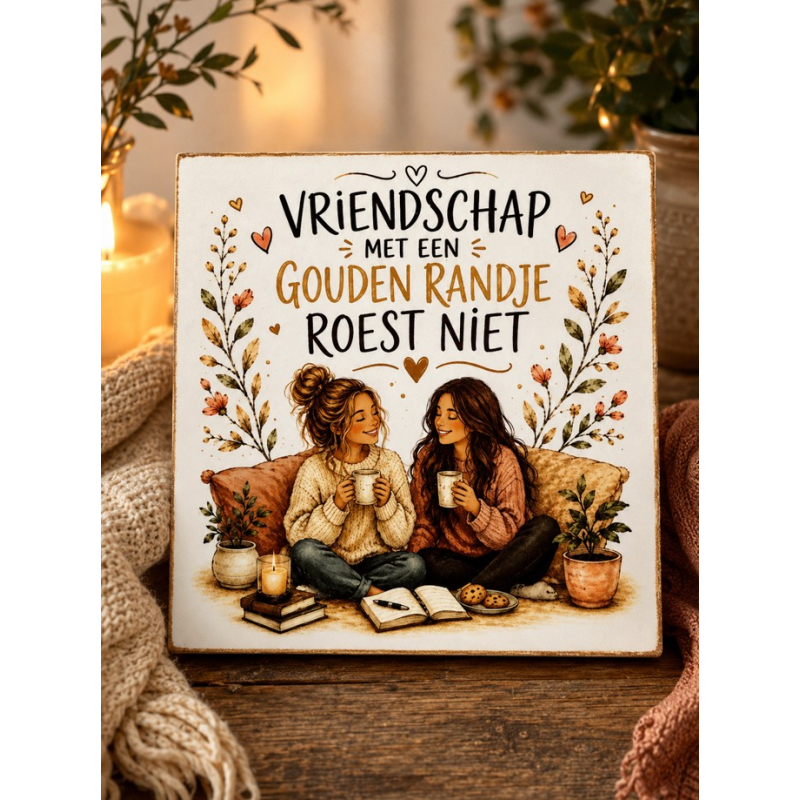 Tegeltje Vriendschap met een Gouden Randje Roest Niet – Keramisch Tegeltje 15x15 cm
