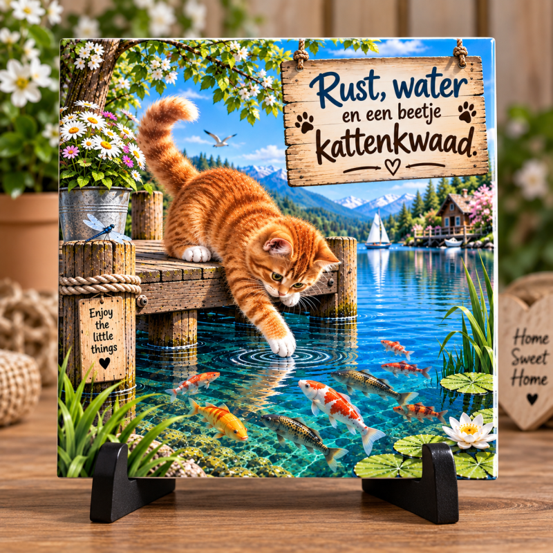 Kattentegeltje – Rust, Water en een Beetje Kattenkwaad – Rode Kat bij het Water – Katten Cadeau – Decoratief Tegeltje 15 x 15 cm