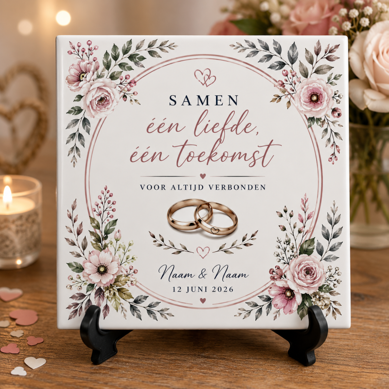 Gepersonaliseerd Huwelijk Tegeltje 15x15 cm – Met Namen en Trouwdatum – Romantisch Trouwcadeau