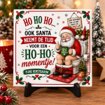 Grappig Kerst Tegeltje 15x15 cm – Kerstman op Toilet – Ho Ho Ho Momentje – Humoristisch Kerstcadeau – WC Decoratie