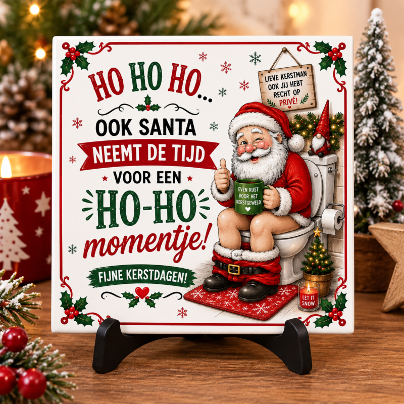 Grappig Kerst Tegeltje 15x15 cm – Kerstman op Toilet – Ho Ho Ho Momentje – Humoristisch Kerstcadeau – WC Decoratie