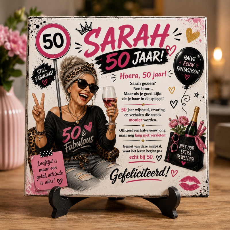 Sarah 50 Jaar – Still Fabulous! Het perfecte tegeltje voor een fantastische Sarah