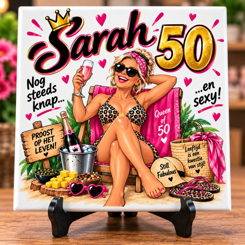 Sarah 50 Jaar Tegeltje 15x15 cm – Nog Steeds Knap & Sexy – Grappig Cadeau Vrouw 50 Jaar – Verjaardag Sarah