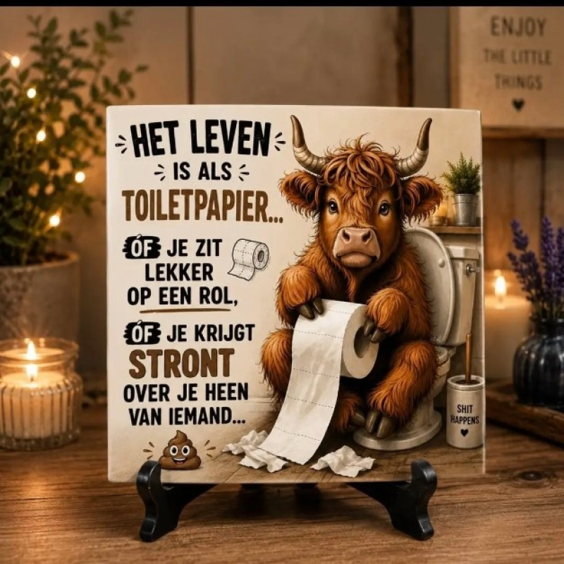 Grappig WC Tegeltje – Het leven is als toiletpapier – Schotse Hooglander – Humor Toilet – Cadeau Tegel