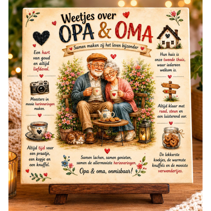 Spreuktegeltje Weetjes over Opa & Oma – Liefdevolle Tegel vol Mooie Herinneringen