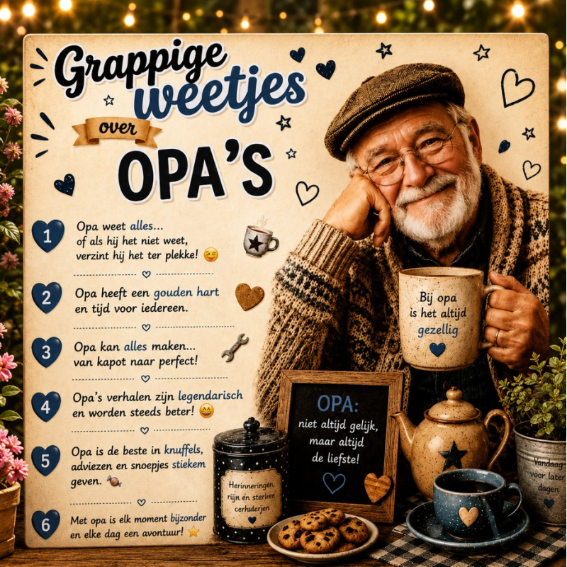 Spreuktegeltje Grappige Weetjes over Opa – Keramisch Tegeltje 15x15 cm | Cadeau voor Opa