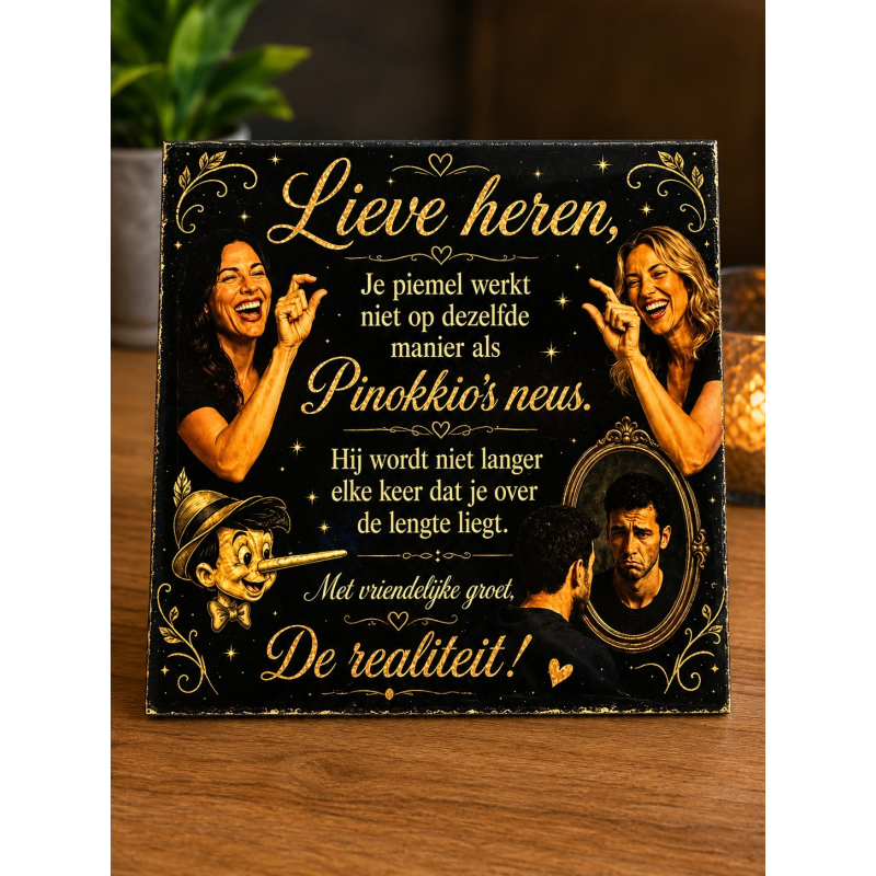 Grappig Tegeltje – “Lieve Heren, Je Piemel Werkt Niet Zoals Pinokkio's Neus” | Keramische Spreuktegel 15x15 cm