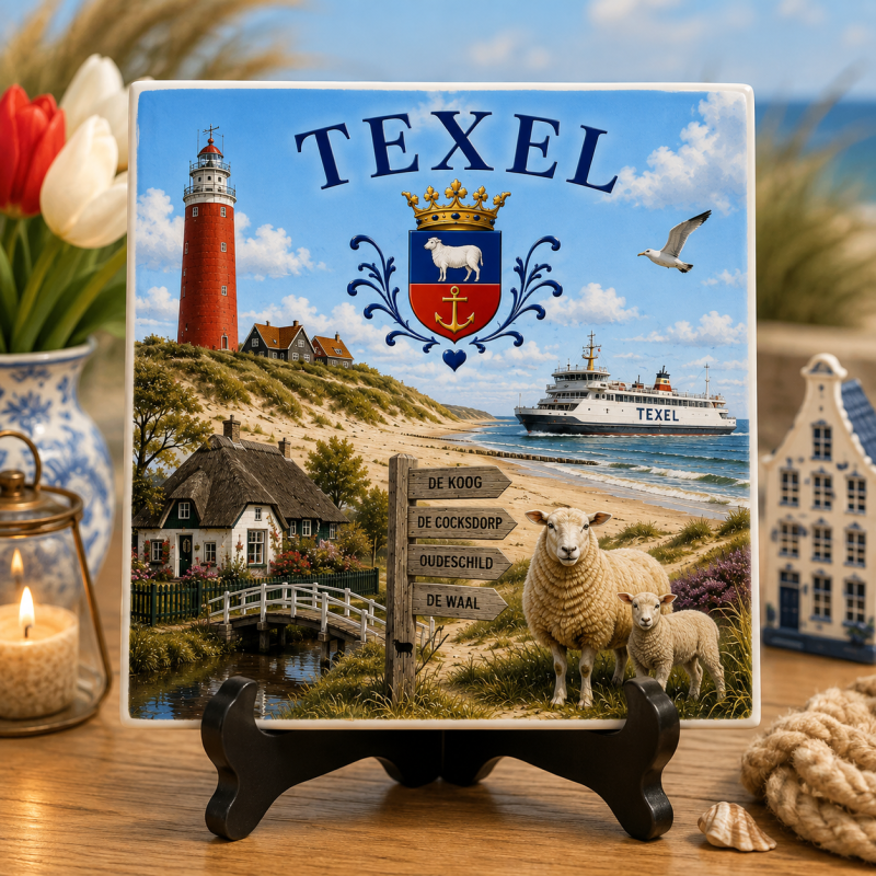 Texel Tegeltje 15 x 15 cm – Nederlandse Waddeneilanden – Vuurtoren, Strand, Schapen & Veerboot – Decoratief Souvenir